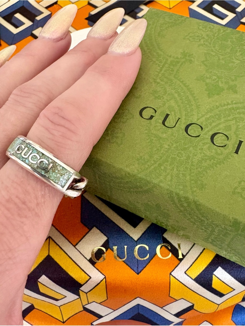 AUTHENTIC GUCCI Plate Ring RARE SET Teal 925 Silver Sz 9 Turquoise Green Inlay - Picture 6 of 10